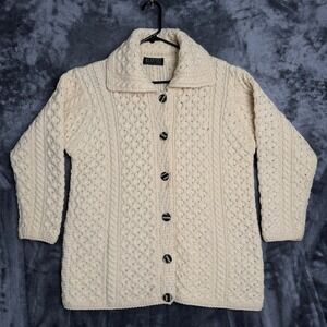 Blarney Woollen Mills Aran Knit Cardigan Sweater Cream Wool Made in Ireland S